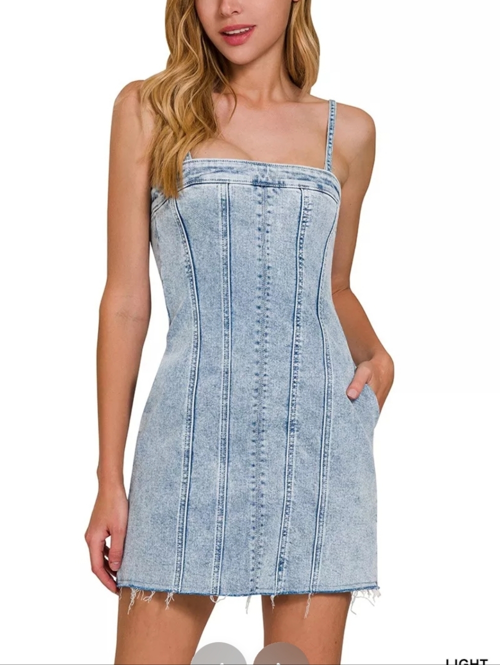 Zenana Denim Spaghetti Strap Dress Raw Hem Light Wash Sz. Large